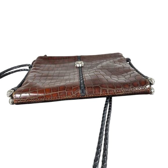 VTG Brighton Organizer Crossbody Bag Brown Croc Embossed Braided Strap Silver - Picture 9 of 11